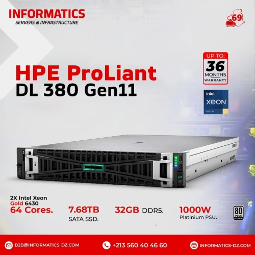 HPE ProLiant DL 380 G11 2X Gold 6430 32C 64Th/ RAM 32GB DDR5 5600 Mhz / DVD-RW / MR408i-o /Alimentation 1000W