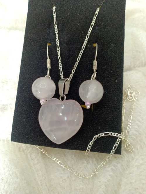 Parure argent et pierre naturelle semi précieuse quartz rose..طاقم فضةبحجر طبيعي الكوارتز الوردي 
