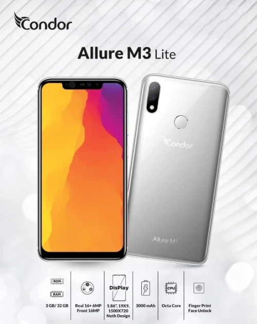 Condor Allure M3 Lite Dual Sim - 32 GB 3 GB Ram, 4G LTE, Selfie Avec Flash 16MP / f/2.4. 3000 mAh. Allure M3 Lite