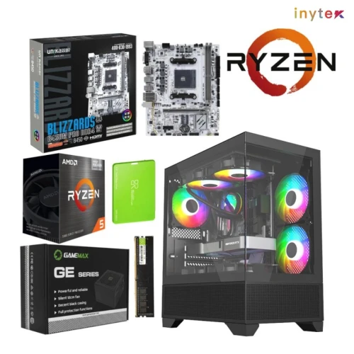 Unite Gamer AMD RZN5 5600GT/CM UNIKA B450M PRO/DDR4 8G 3200Mhz/SSD 256 GB /PSU 550W/CASE NOX PHANTOM full Black plus 3Pcs Fans M42-12cm ARGB