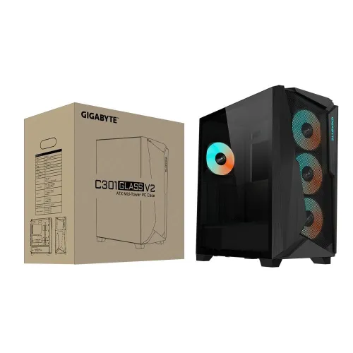 GB C301G GIGABYTE CHASSIS MID TOWER GLASS V2 NOIR  VERRE TREMPE 4 MM MESH FRONT TOP 4FANS  ARGB 360 MM RAD VERTICAL GPU USB C