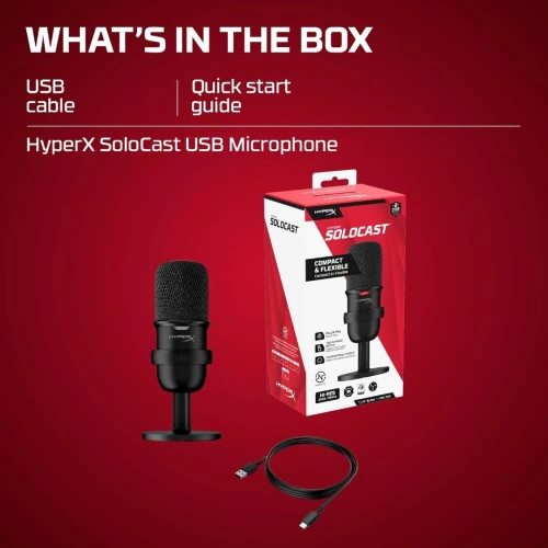 Microphone Gaming HyperX SoloCast USB Qualité Studio 24-bit, Streaming & Podcast