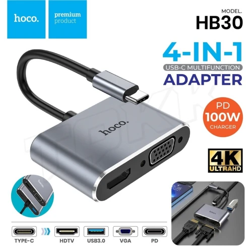 Hub USB Type-C HOCO HB30 HDMI VGA USB 3.0 PD Adaptateur Multiport 4-en-1 Charge Rapide Laptop MacBook PC Projection 4K