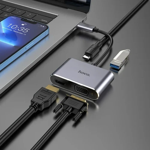 Hub USB Type-C HOCO HB30 HDMI VGA USB 3.0 PD Adaptateur Multiport 4-en-1 Charge Rapide Laptop MacBook PC Projection 4K