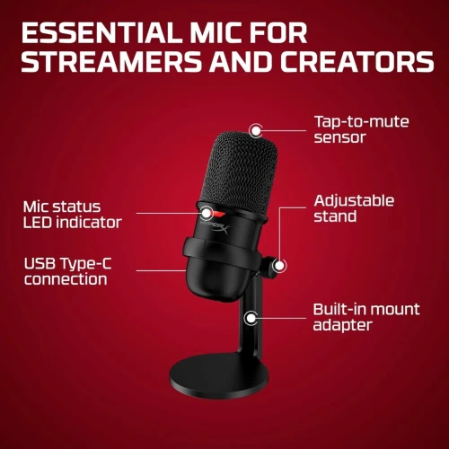 Microphone Gaming HyperX SoloCast USB Qualité Studio 24-bit, Streaming & Podcast