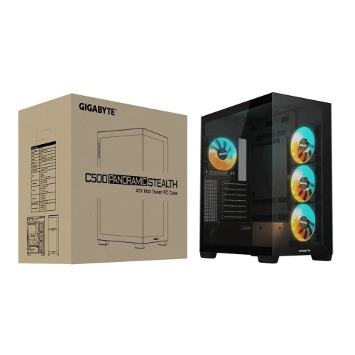 BOITIER C500P ST GIGABYTE CHASSIS MID TOWER PANORAMIC STEAL TH NOIR VERRE TREMPE PANORAMIQUE 270 4FANS ARGB SUPPORT BACK CONNECT MB VERTICAL GPU USB C