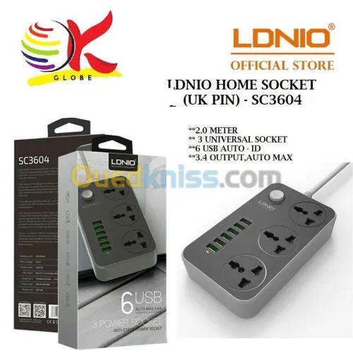 MULTI PRISE MOBILLAND LDINIO 03 PRISE UNIVERSELLE ET 06 USB  2500W SC3604
