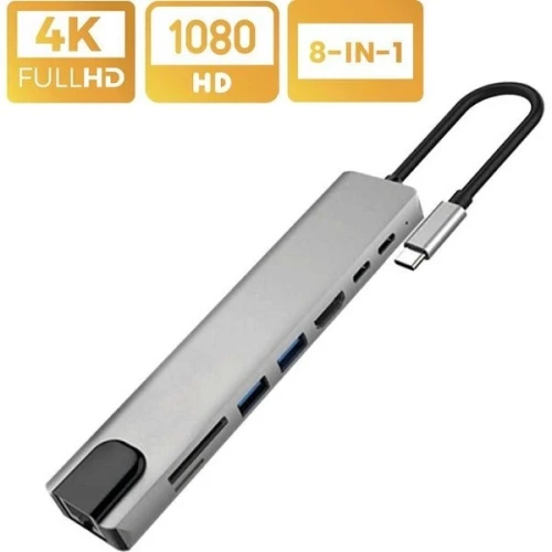 HUB COMBO 8IN1 TYPE-C TO RJ45+TF+SD+HDTV+2USB 3.0+PD+TYPE-C