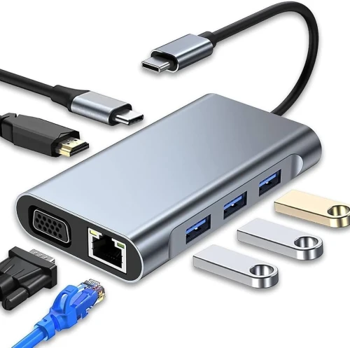 Hub combo 11 en 1 Type-C vers LAN SD CSD 4 USB 30 Audio HDTV VGA
