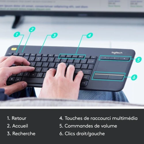 Clavier Logitech K400 Plus Sans Fil avec Pavé Tactile Intégré 2.4GHz AZERTY HTPC Smart TV PC Portable Touchpad Multimédia Longue Autonomie