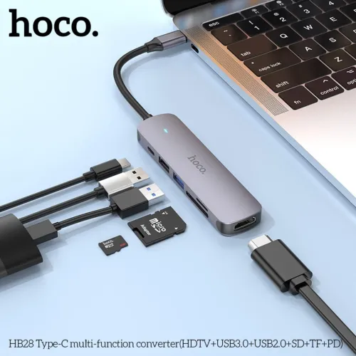 Hub USB Type-C HOCO HB28 6-en-1 Adaptateur Multiport 100W PD HDMI USB 3.0 Lecteur SD TF Compatible Laptop MacBook PC