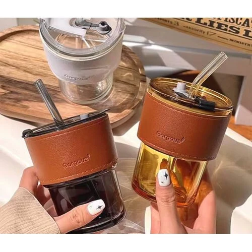 كوب أنيق بغطاء زجاجي وقشة قابلة لإعادة الاستخدام Verre élégant avec couvercle en verre et paille réutilisable