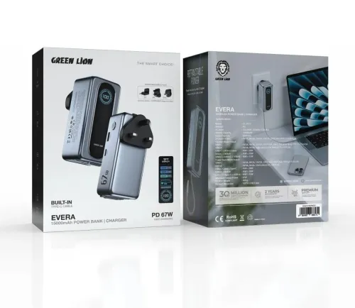 Power Bank et Chargeur Green Lion Evera 15000mAh 67W PD, Mural International , Écran TFT Câble USB-C