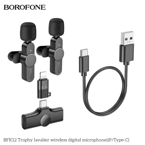 Double microphone Borofone BFK12 sans fil Lavalier USB Type C / Lightning Trophy