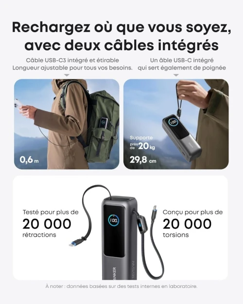 Power Bank Anker Zolo 25000mAh 165W 3 Ports USB-C 100W , câble intégré+câble rétractable
