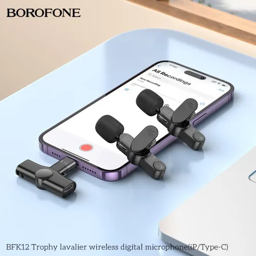 Double microphone Borofone BFK12 sans fil Lavalier USB Type C / Lightning Trophy