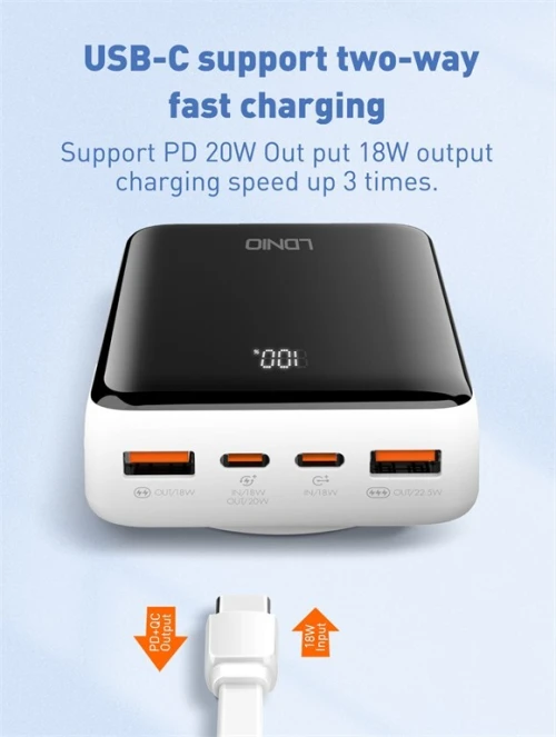 Power bank Ldnio 20000mah sans fil PQ18 22.5w Chargement Rapide 2 Usb Qc3.0