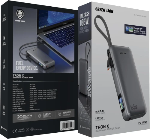 Power Bank Green Lion Tron X 20000mAh 165W PD , Câble USB-C, Affichage, TFT Ports USB-C & USB-A