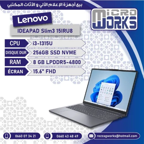 LAPTOP LENOVO IDEAPAD SLIM 3 15IRU8 I3-1315U RAM 8GB DDR5 4800 /256GB SSD ECRAN 15.6"