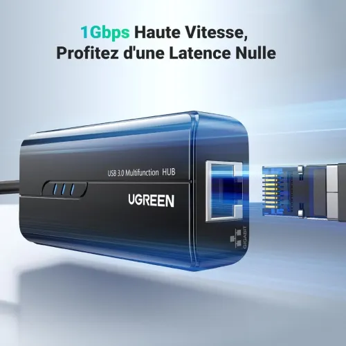 UGREEN Hub USB Réseau Adaptateur 3 Ports USB 3.0 RJ45 Gigabit Ethernet 1000 Mbps Compatible avec Xiaomi Mi Box S Mi Box 3 Supporte Mac OS Windows 10 8 7 Linux