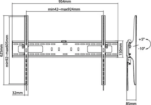NorStone FIX 60100 TILT Support TV Mural Inclinable jusqu'à +5/-10 - 75 Kg - De 60" À 100" 