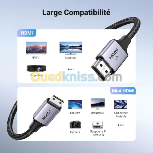 UGREEN Câble Mini HDMI vers HDMI 2.1 Mâle Bidirectionnel 8K@60Hz 4K@240Hz eARC 3D Dolby Vision HDCP