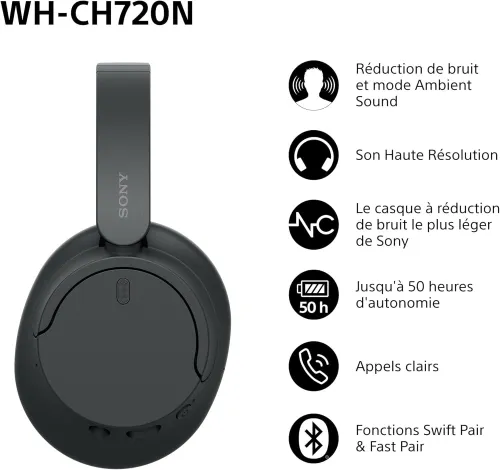 Sony WH-CH720N - Casque Bluetooth sans Fil à réduction de Bruit - Micro intégré - jusqu'à 35 Heures d'autonomie et Charge Rapide - Noir