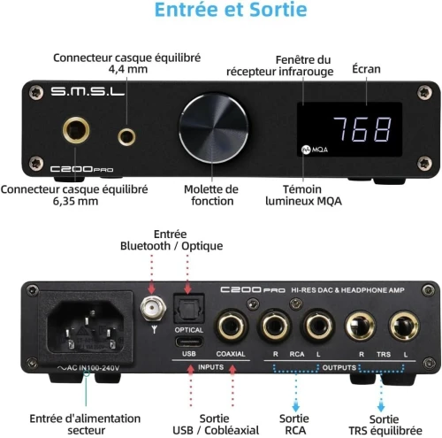 SMSL C200 Pro LDAC Ampli Casque| ES9039Q2M XU-316 DSD512 32Bit/768kHz DAC| USB/Opt/Coax/Bluetooth5.1