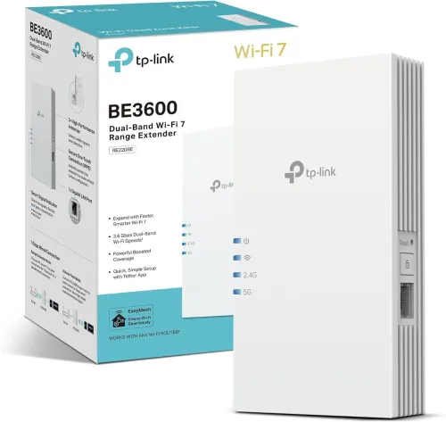 TP-Link Répéteur WiFi 7 RE220BE, Amplificateur WiFi Puissant 3.6Gbps, Port Ethernet Gigabit, Couvre jusqu'à 150 m, Compatible avec Toutes Les Box Fibre