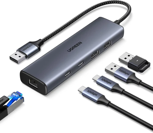 UGREEN 10Gbps Hub Ethernet 1000Mbps avec Multi 6 en 1 Adaptateur RJ45 Réseau LAN USB 3.2 Gen 2 Compatible avec PC Ordinateur Portable Windows MacOS Linux Plug Play Câble 30CM