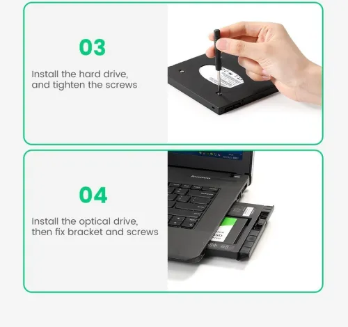UGREEN Adaptateur de Caddy baie optique DVD-ROM Disque Dur 9.5 mm SATA pour Ordinateurs Portables
