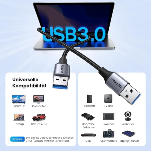 UGREEN Câble USB 3.0 Type A Mâle vers Male Nylon Tressé pour Disque Dur Externe, Lecteur DVD, Refroidisseur PC Portable, Hub, TV Box, Imprimante et Caméra