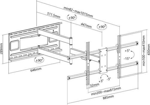 NorStone FULL MOTION 180 EXTRA - Support TV Mural Inclinable & Orientable - 50 Kg - De 40" À 80"