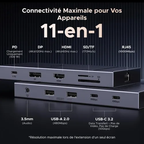 UGREEN Revodok Pro Hub USB C HDMI 4K60Hz DisplayPort 4K120Hz 11 en 1 / Ethernet Gigabit + 10Gbps + PD 100W + Carte SD TF 3.5mm