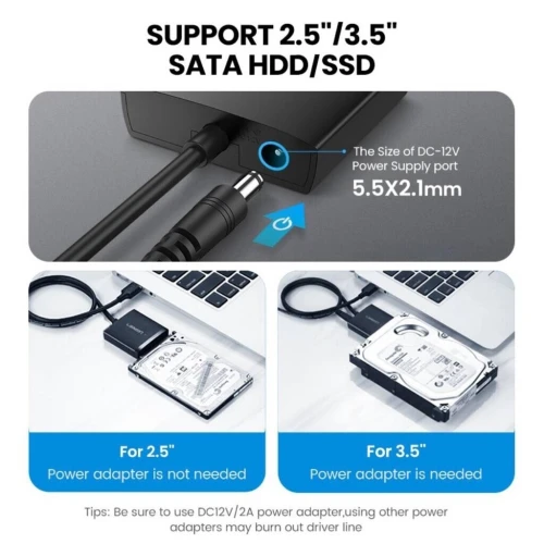 Ugreen  Convertisseur USB 3.0 vers disque dur SATA avec Alimentation 12V - 2A