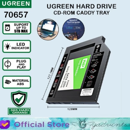 UGREEN Adaptateur de Caddy baie optique DVD-ROM Disque Dur 9.5 mm SATA pour Ordinateurs Portables