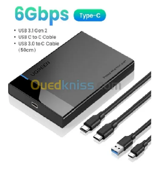 Ugreen Boitier externe 2.5" SATA 6Gb/s ► Type C + USB 3.0 ► 2 Câbles USB C TO C + USB 3.0 TO C