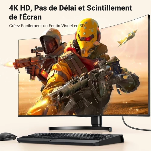 UGREEN câble DisplayPort vers HDMI 4K @ 30Hz - 2K @ 60Hz - 1080P @ 120Hz , compatible avec moniteur, projecteur, HDTV, ordinateur portable (2M)