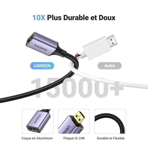 UGREEN Adaptateur Micro HDMI Mâle vers HDMI Femelle 4K 60Hz  Nylon Tressé Supporte 3D Ethernet  25CM