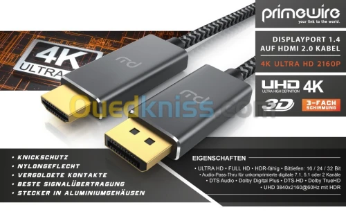 Câble Display Port 4K  1.4 vers HDMI 2.0 4K ► UHD 3840 x 2160 @ 60 Hz ► 2 Mètre 
