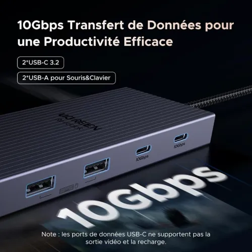 UGREEN Revodok Pro Hub USB C HDMI 4K60Hz DisplayPort 4K120Hz 11 en 1 / Ethernet Gigabit + 10Gbps + PD 100W + Carte SD TF 3.5mm