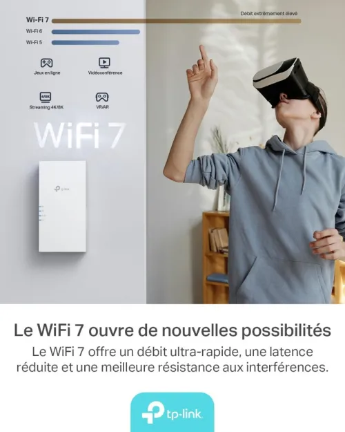 TP-Link Répéteur WiFi 7 RE220BE, Amplificateur WiFi Puissant 3.6Gbps, Port Ethernet Gigabit, Couvre jusqu'à 150 m, Compatible avec Toutes Les Box Fibre