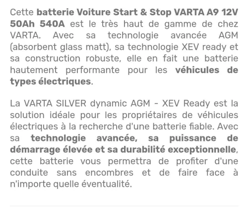 BATTERIE VARTA 50AH AGM (START-STOP) FIAT 500 FABIA