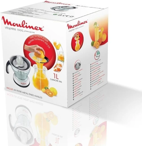 Presse-agrumes Vitapress Moulinex, double cône rotatif, 2 filtres à pulpe réglables, capacité XXL de 1 L, démarrage/arrêt automatique, système anti-goutte, rangement compact