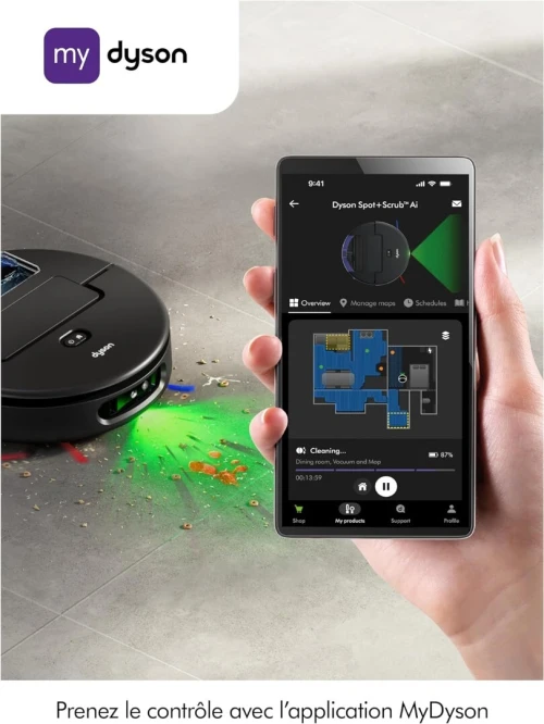Dyson Spot+Scrub spirateur robot laveur sec et humide, rouleau humide auto-nettoyant 4 fois puissance d'aspiration sur tapis vidage automatique, élimination des taches par IA (Noir/Bleu)