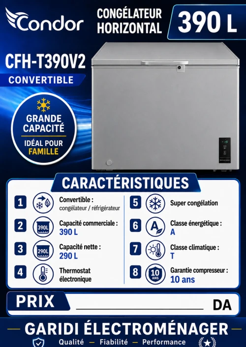 Congélateur Coffre Condor 390L Blanc Convertible  CFH-T390V2W Neuf