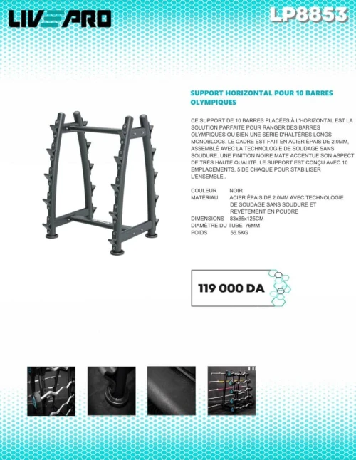 Support horizontal pour 10 barres olympique