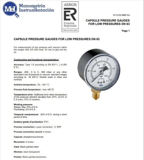 Manomètre  pmax = 60 mbar 