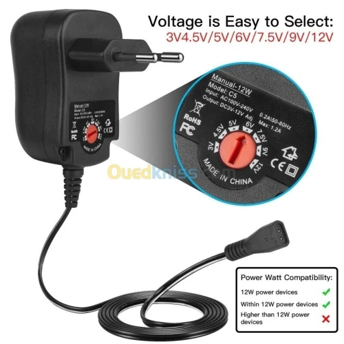 Chargeur adaptateur Alimentation universel 12W 3V 4.5V 5V 6V 7.5V 9V 12V 1.2A AC/DC Réglable