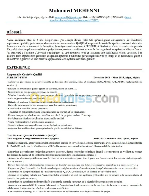 Coordinateur Qualité Field-Office QA/QC